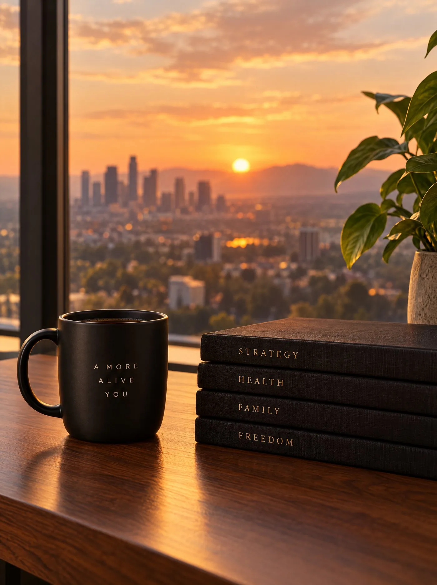 A black mug that reads A More Alive You beside four books titled Strategy, Health, Family and Freedom, on a desk by a window at sunset