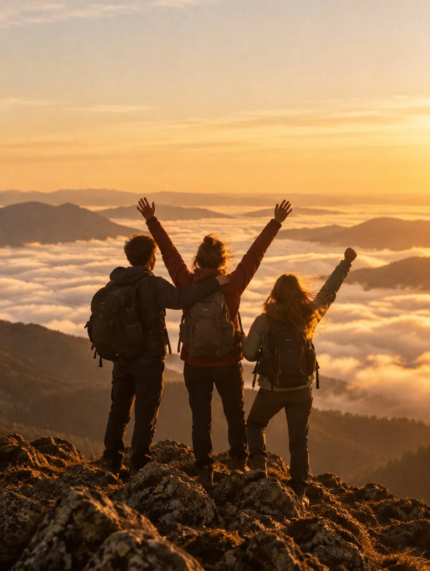 A mother and her two teenagers on a mountain summit at sunrise, arms raised above a sea of cloud