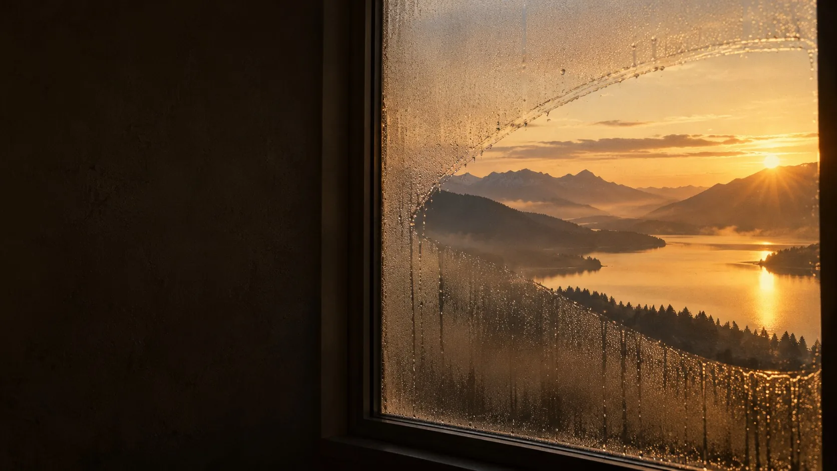 A fogged window with one arc wiped clear, revealing mountains and a lake at sunrise
